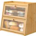 Bread Box for Kitchen Counter, Double Layer Large Bamboo Wood Bread Box, Bamboo Bread Storage Container with Wavy Acrylic Transparent Door 
