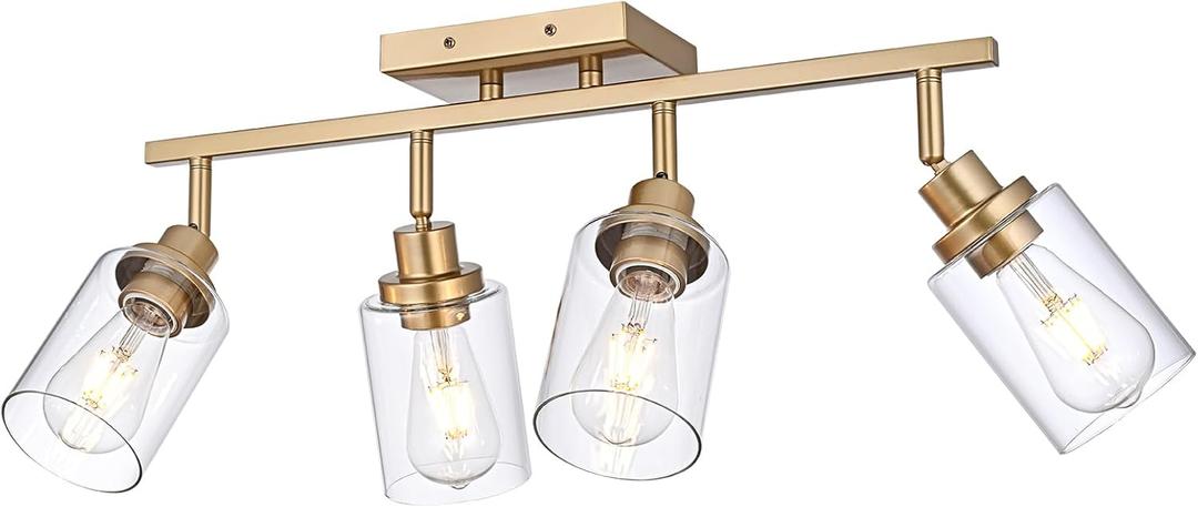 4-Light Gold Track Lighting Kits, Multi-Directional Rotating Kitchen Ceiling Tracking Light Fixture with Clear Glass, Modern Bathroom Ceiling Vanity Track Lights for Kitchen Island Accent Shop