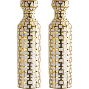 Pair of 24.4" Tall Ceramic Cylinder Vases with Geometric Gold Accents, Large Flower Vase, Decorative Vase - Modern White & Gold Floor Vases for Living Room, Entryway Decor (Set of 2)