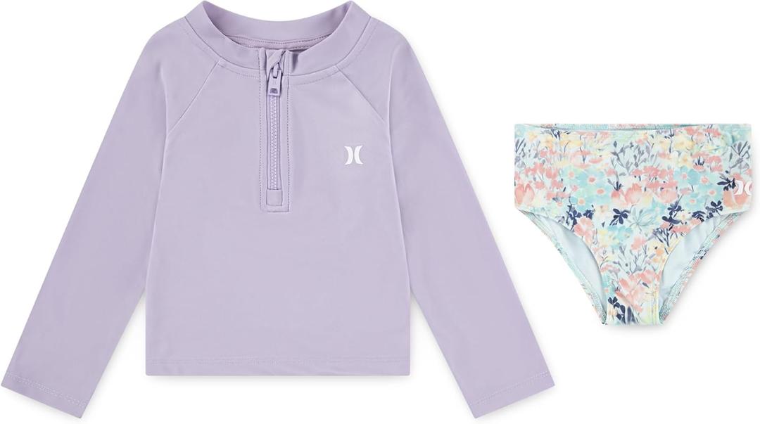 Hurley Baby and Toddler Girls' Long Sleeve Rash Guard Swim Suit 2-Piece Outfit Set