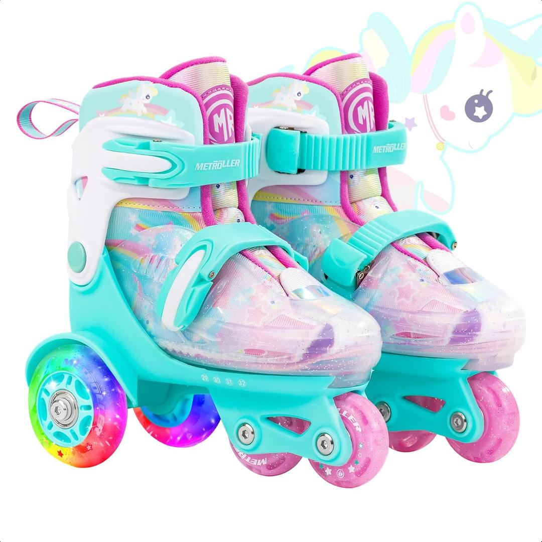 METROLLER Adjustable Kids Balance Roller Skates for Toddler Ages 3-6 Rainbow Unicorn Dinosaurs Illuminating Roller Skates for Girls Boys Ages 5-8 Three-Point Type Suitable for Beginners, S Little Kids(11-1)[6.8"--7.8"], Unicorn Rainbow