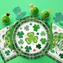 144Pcs St. Patrick's Day Plates and Napkins Green Plaid Lucky Shamrock Disposable Paper Tableware Set for Irish Birthday St Patrick's Day Decorations Serve 24 Guests