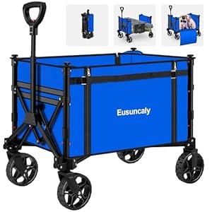 Eusuncaly Collapsible Wagon with Wheels, Wagons Carts Foldable, Heavy Duty Folding Utility Cart for Grocery, Camping, Shopping, Sports, Garden, Fishing, Blue