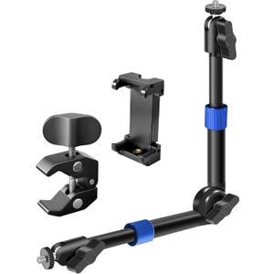 BZE Universal Retractable Magic Arm Clamp 11.8-15 Inch, Webcam Stand1/4" & 3/8" Thread with Phone Mount, Adjustable Camera Arm for Camera Lighting Mounting, Webcam, Action Camera, Smartphone (Blue)