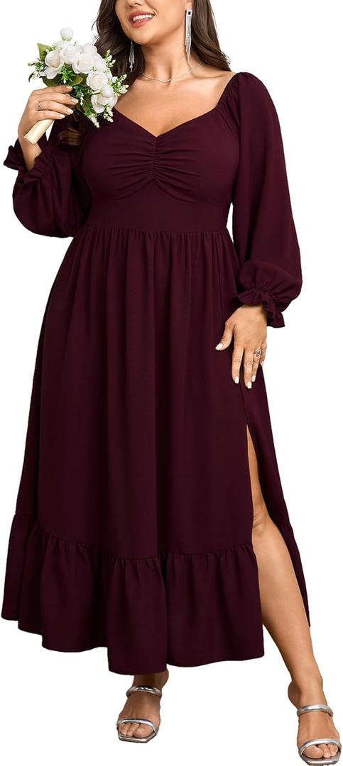 SCOMCHIC Womens Plus Size Wedding Guest Cocktail Dress Sweetheart Neckline Long Sleeve Smocked Ruffle Slit Maxi Dresses (Burgundy). XL Size