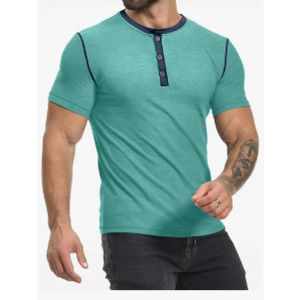 PLEPAN Mens Henley Shirts Crewneck Short Sleeve Casual Cotton T-Shirts with Contrast Color Collar, M