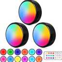 ILYXY LED Puck Lights with Remote, 3 Pack Under Cabinet Lighting, Battery Operated Push Light, Dimmable & Color Changing Tap Lights, Stick-On, Shiny Black