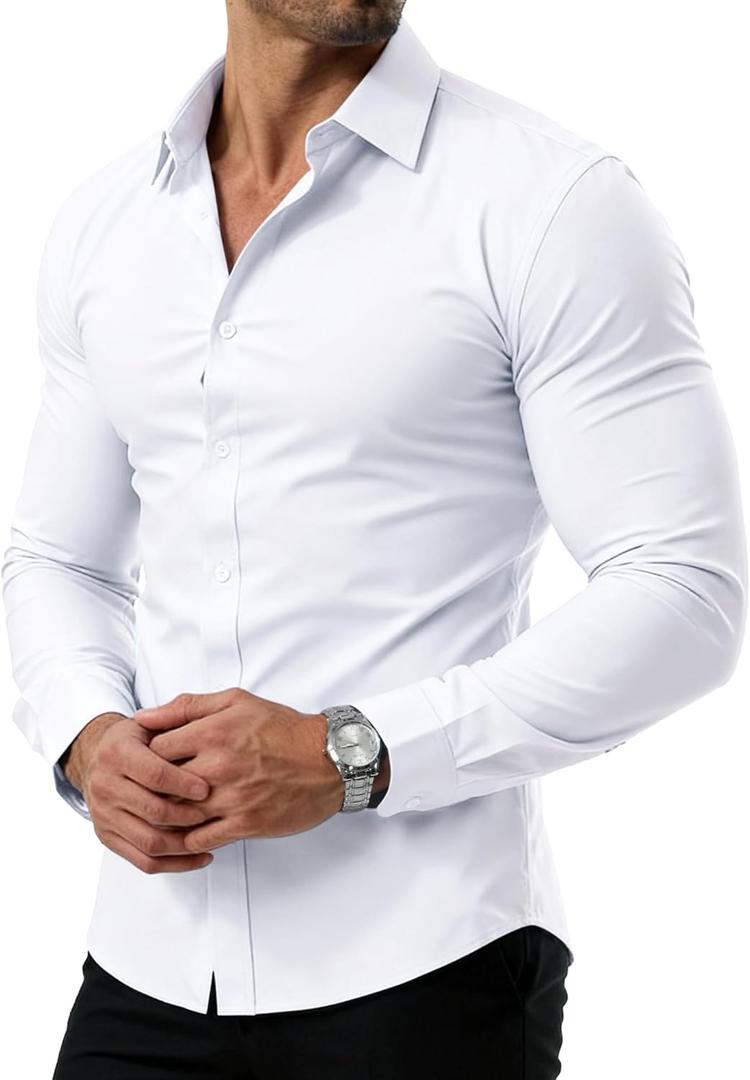 PLEPAN Men's Dress Shirt Slim Fit Stretch Stain Proof Wrinkle-Free Long Sleeve Business Wedding Button Down Shirts (White, M)