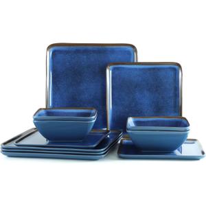 Square Melamine Dinnerware Set of 12pcs, Blue Dish Set for 4,Unbreakable Plate and Bowl Set, Lightweight, Dishwasher Safe and BPA Free,Suit for RV,Camping