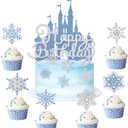 26Pcs Ice Castle Cake Toppers Double Layer Silver Blue Snowflake Cupcake Toppers Winter Wonderland Cake Decorations for Princess Happy Birthday Baby Shower Party Supplies