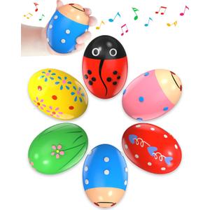 6 Pack Wooden Percussion Musical Shaker Prefilled Easter Eggs with Toys Inside Filled, Toddlers Easter Basket Stuffers Egg Fillers Montessori Toys Gifts for Kids Boys Girls Babies