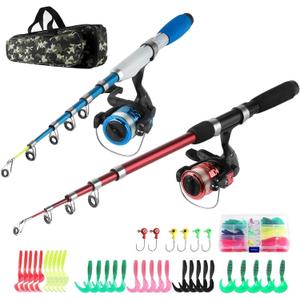 Fishing Rod Reel Combos Collapsible Fishing Rod Kit, 2PCS Telescopic Fishing Pole+2PCS Spinning Reels+Lures Hooks+Tackle Bag+Fishing Accessories Full Combo for Kids Youth