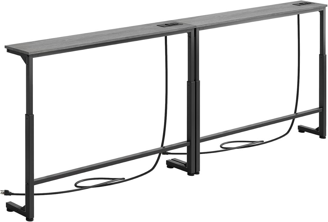 Kitstorack 2-Pack Dark Gray Long Sofa Table Behind Couch, Adjustable Height (25"-33") & 2 Power Outlets, Narrow Console Table, 5.9" D x 78.8" Total Long, Thin, Split Design for Separate Use