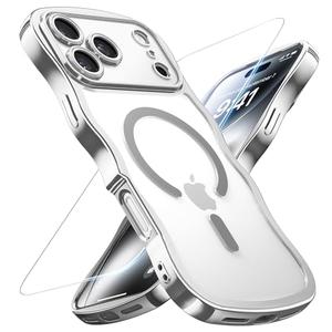 Peerock for iPhone 17 Pro Case: [Cute Wave Frame][Fit for MagSafe] Military Drop Shockproof Protection, Camera Protective, Glossy Slim Magnetic Wavy Phone Cover for Women Girls 6.3'', Clear/Sliver