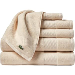 Lacoste Heritage Anti-Microbial Supima Cotton 6-Piece Towel Set, 2 Bath Towels, 2 Hand Towels, 2 Washcloths, Chalk Highly Absorbent & Quick Drying, Bathroom Essential, Machine Washable