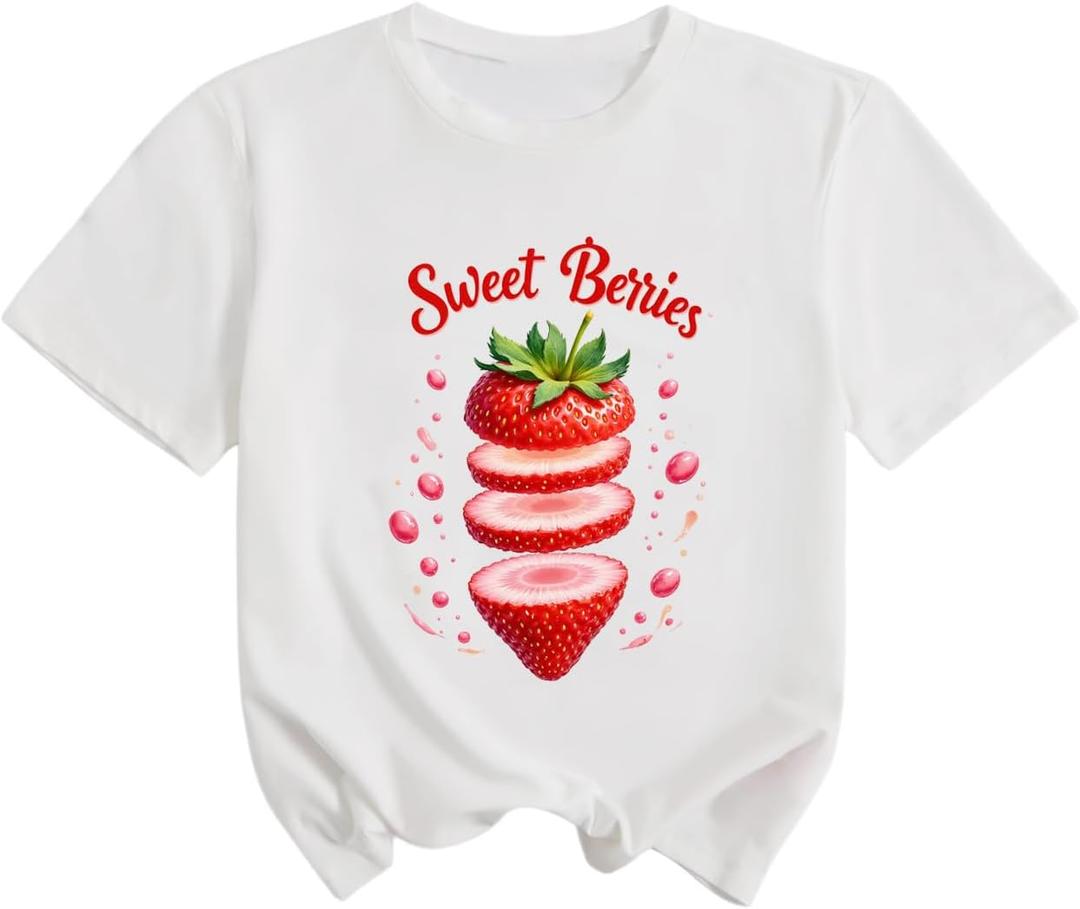 SweatyRocks Girl's Strawberry Graphic Short Sleeve T Shirts Casual Crew Neck Going Out Tees 12Y