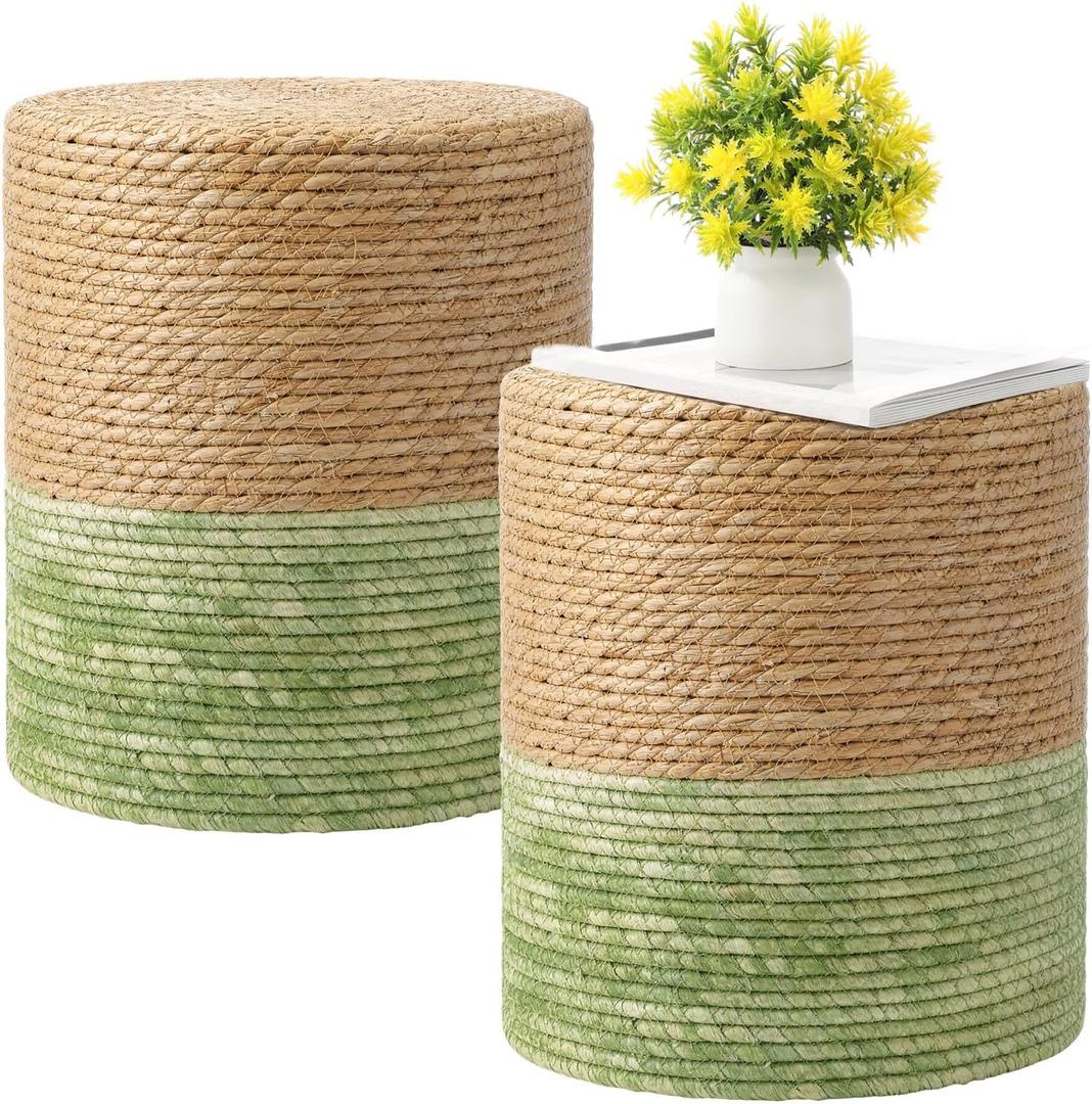 Barydat 2 Pcs 15'' Ottoman Pouf Natural Seagrass Braided Poof Hand Weaving Round Ottomans Boho Footrest Stool for Home Living Room Bedroom Patio(Natural and Green), 11.8 x 11.8 x 15 inches