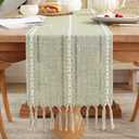 meioro Rustic Table Runner with Tassels, Farmhouse Boho Table Runners Braided Striped, Cotton Linen Table Decoration for Dining Party Holiday and Wedding, 86 Inches, Sage Green