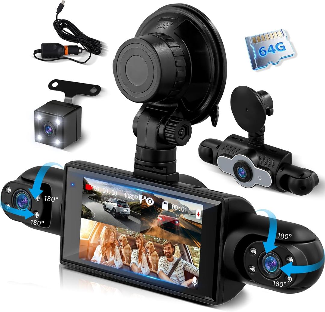 4 Channel 360 Dash Cam 1080P Front and Rear, 3 Inch Left Right Screen, Dash Camera for Cars with 8 IR Lamps Night Vision, Loop Recording, 24H Parking, Free 64GB TF Card