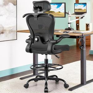 Drafting Chair, Tall Office Chair with 3D Lumbar & Head Support, Ergonomic Mesh Standing Desk Chair with Footring, Comfy Extended High Desk Chair with Flip-Up Arms & Hanger (Black) (2402-HYZ(Headrest+Footring))