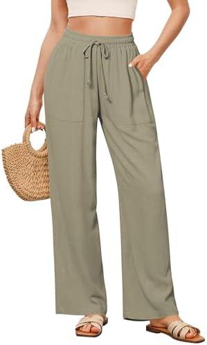 GRAPENT Linen Pants for Women Wide Leg High Waisted Baggy Drawstring Elastic Waist Palazzo Trousers Pants with Pockets Size L