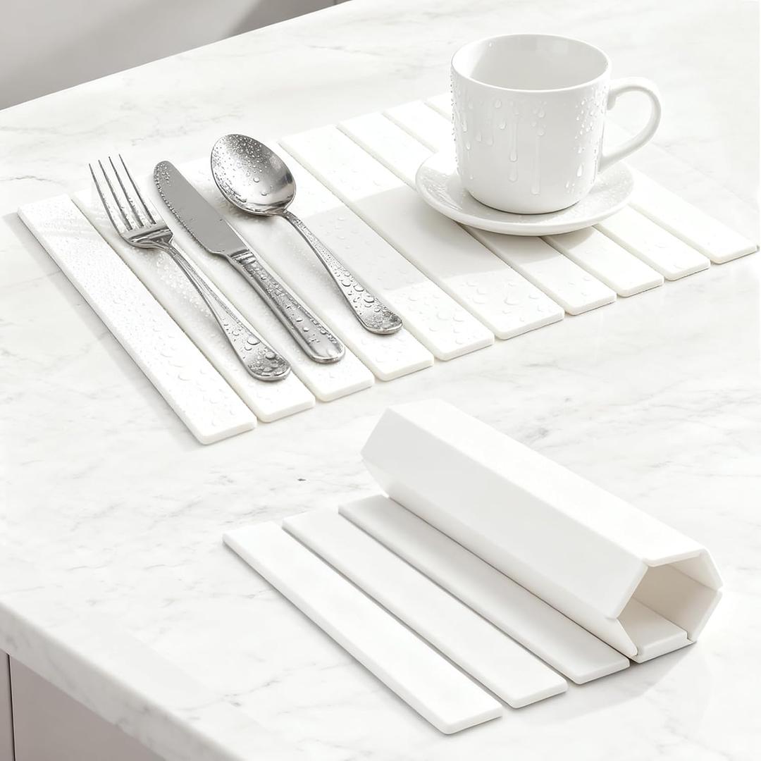 Stone Drying Mat for Kitchen Counter, 22.8"15.3" Large Stone Dish Drying Mat, Collapsible Diatomaceous Earth Water Absorbing Mat with Brush Sanding Tool Drying Mats for Dishes Bottles Cups, White