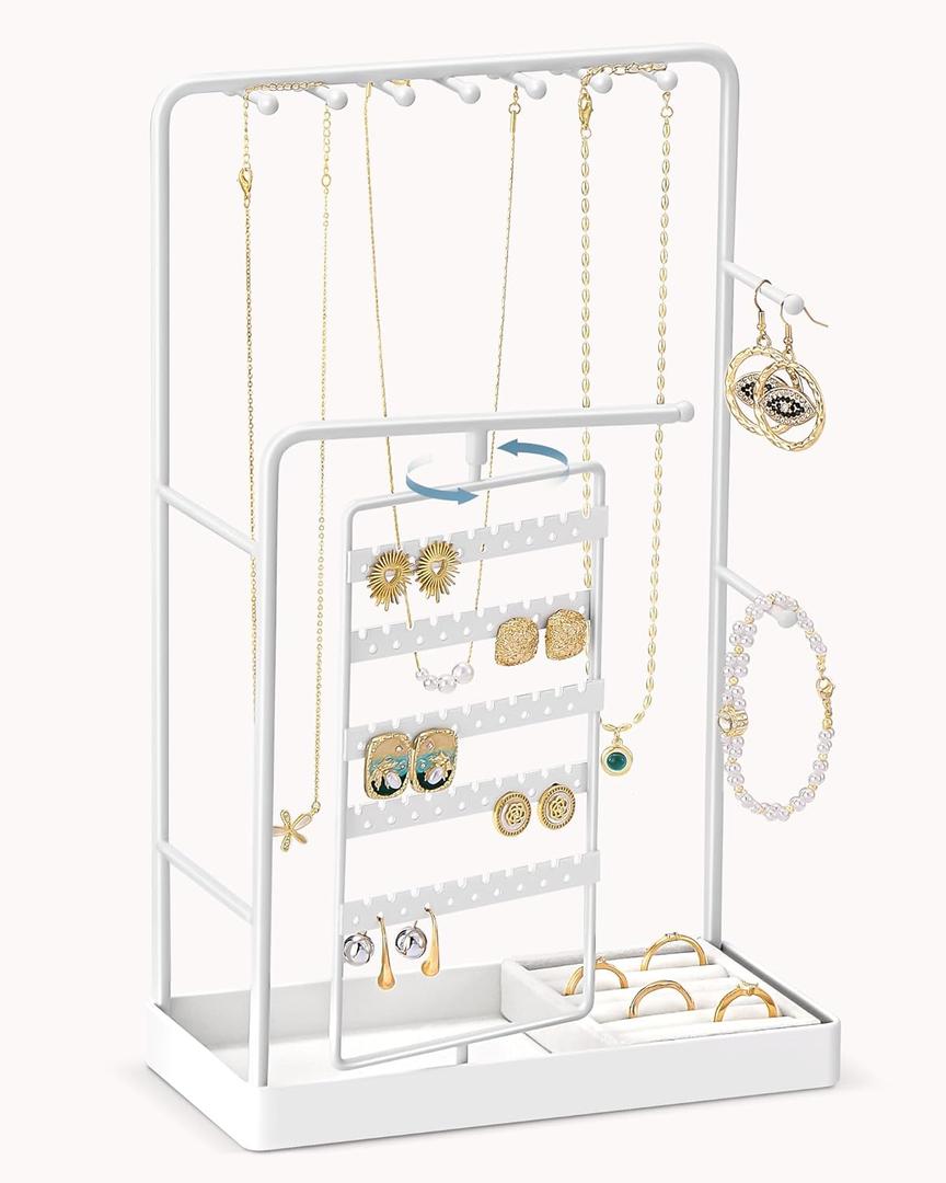 Lolalet Jewelry Organizer Stand, No Assembly Needed Display Storage with Rotating Earring Holder and Velvet Ring Tray for Necklace Bracelet Studs,Christmas Gifts Room Dorm Decor for Teen Girls -White