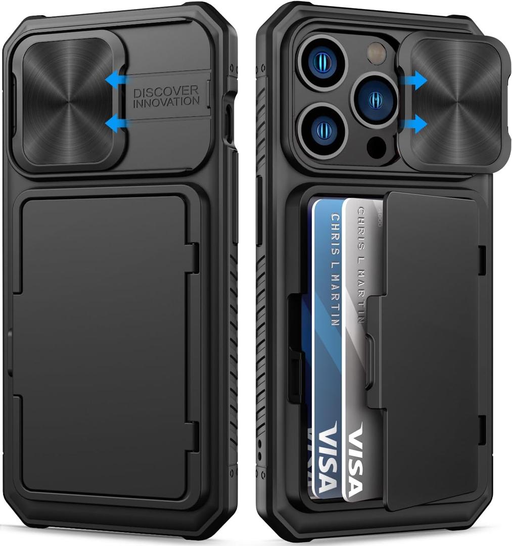 for iPhone 15 Pro Case Wallet with Card Holder (4-5 Cards) & Slide Camera Cover & Kickstand, Military Grade Drop Protection Rugged Shockproof Protective Case for iPhone 15 Pro 5G 6.1", Black