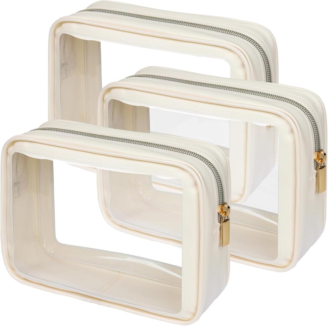 PACKISM Clear Makeup Bag - TSA Approved Toiletry Bag for Carry-on & Checked Luggage, Water Resistant Car Storage Organizer with Reinforced Seams (TSA Specialist (3-Pack Medium - Soft), 3 Pack Beige)