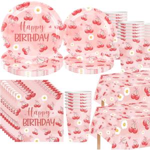 VDESFUEBY Pink Bow Cherry Party Supplies Cute Bow Cherry Heart Paper Plates Napkins Cups and Tablecloth Sets for Girls Pink Bow Cherry Birthday Party Supplies