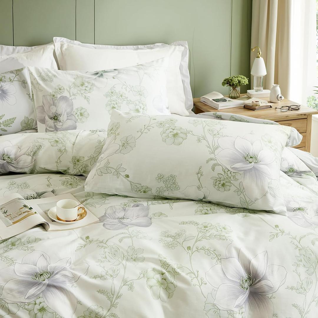 Floral Duvet Cover Queen Size 100% Cotton Reversible Green Floral Duvet Cover Set with Zipper Closure 3 Pcs Green Leaf Soft & Breathable Bedding Comforter Cover