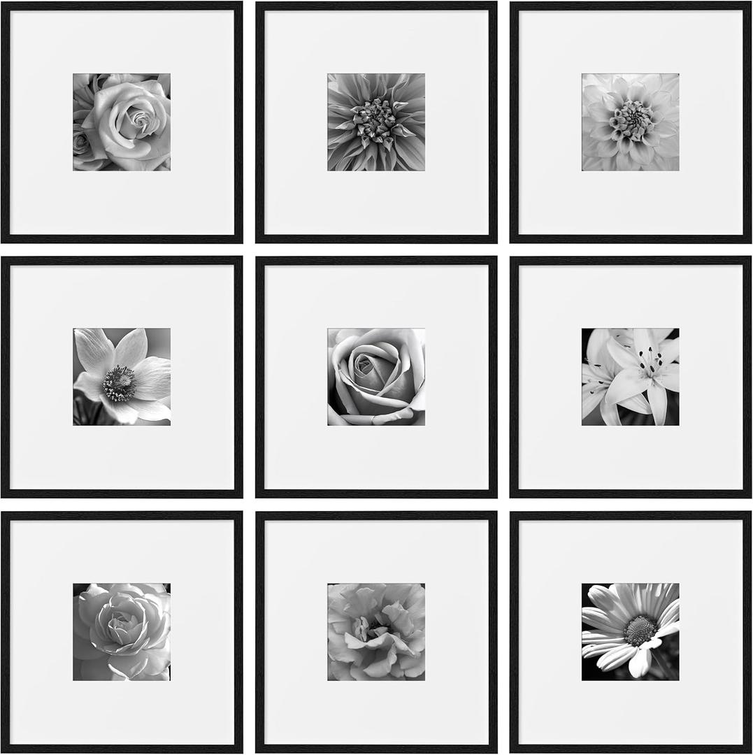 eletecpro 18x18 Picture Frames Set of 9, Classic Gallery Wall Frame Set for 8x8 Photos with Mat or 18x18 without Mat, Storyline Picture Frame for Art Prints, Black Poster Frames for Home Decor Wall
