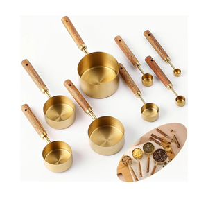 Pcs Measuring Cups and Spoons Set - Golden Stainless Steel Measuring Cups with Wooden Handle, Metal Measuring Spoons Set Nesting Kitchen Measure Set for Kitchen/Food/Baking (8Pcs Wooden Handle)