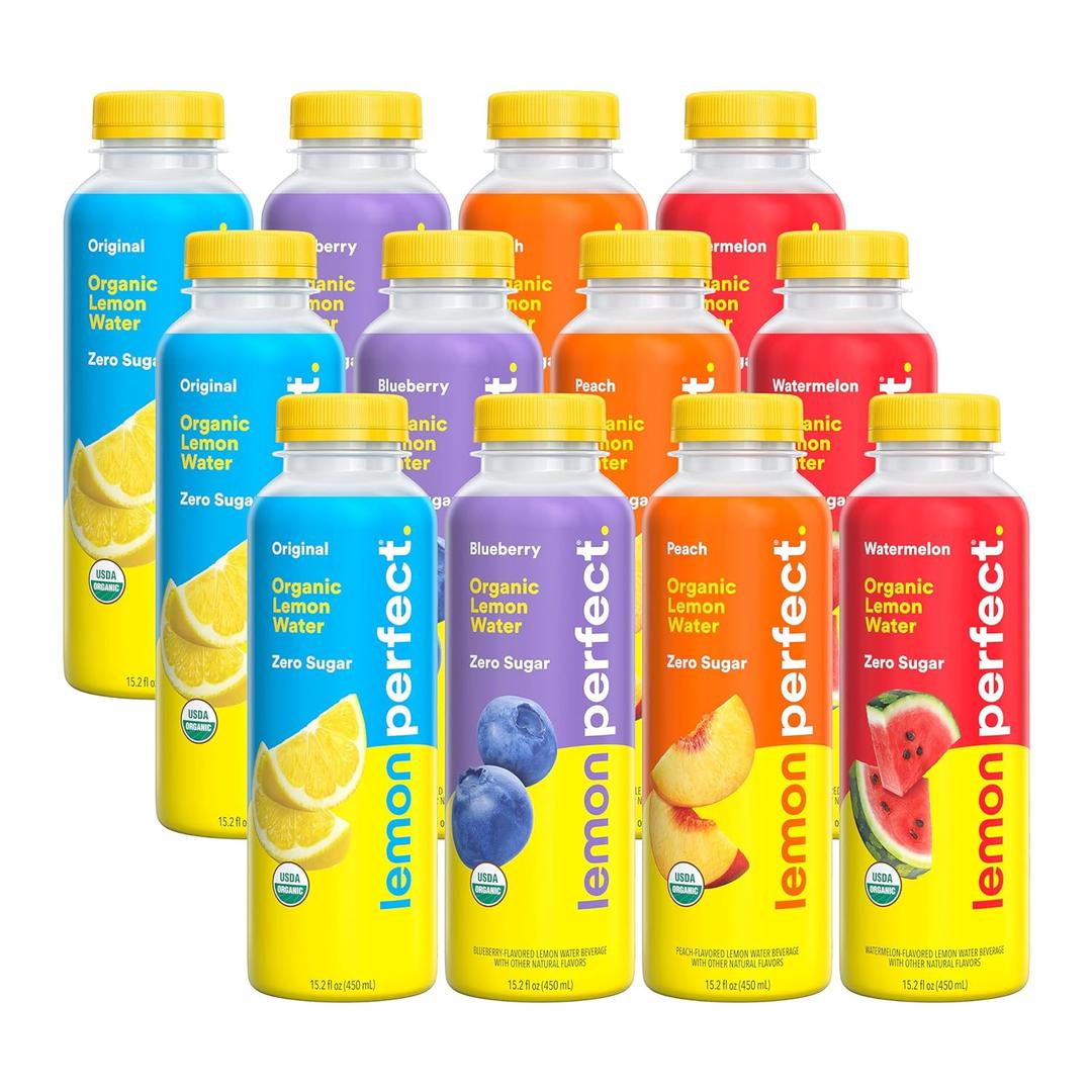 Lemon Perfect 4-Flavor Variety Pack, Hydrating Flavored Lemon Water, Zero Sugar, Delicious and Refreshing, Organic, 15.2 fl oz Bottles (12-Pack) BBD: 05/13/2026