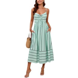 Fashionme Womens Summer Maxi Dresses 2026 Trendy Striped Vacation Boho Beach Spaghetti Strap Sundress Back Tie with Pockets, Medium