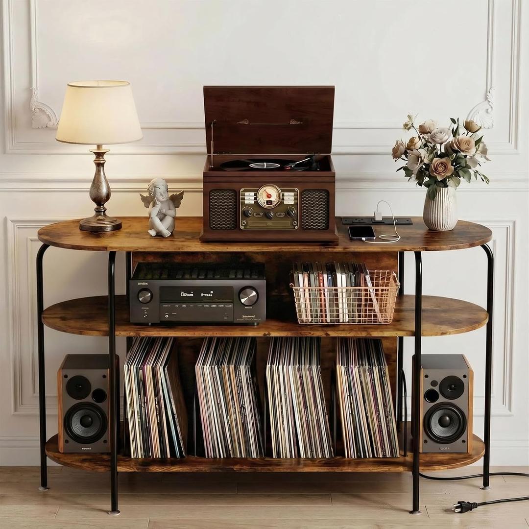 Faesun Record Player Stand with Vinyl Storage, Large Wooden Record Storage Cabinet Holds 200+ Albums, Turntable Stand for Living Room & Bedroom, Round Shelf Design, Vintage