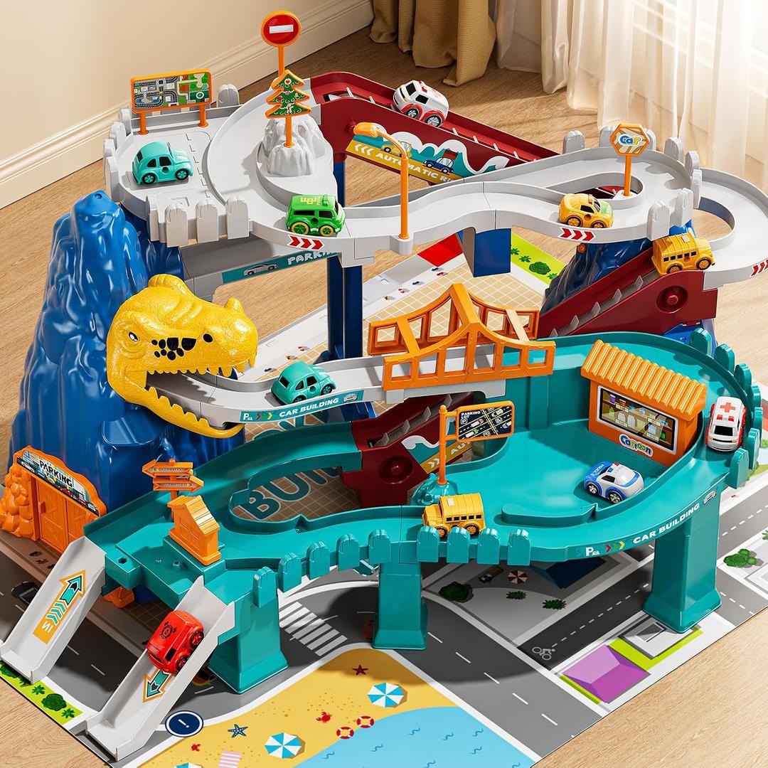 NIPLOOOW Dinosaur Race Track Playset for Boys Kids 3-5, Dinosaur Climbing Hills Car Track Play Set with 10 Mini Racer Cars, Kids Car Ramp Track Toys for 3 4 5 6 7 8 Year Old Boys Girls, 9 x 17 x 13 inches