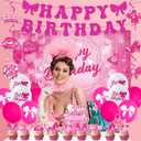 Roetyce Hot Pink Birthday Decorations for Girls, Pink Glitter Happy Birthday Banner Backdrop Balloons Hanging Swirls Cake Topper Kit, Women Kids Bday Photo Background