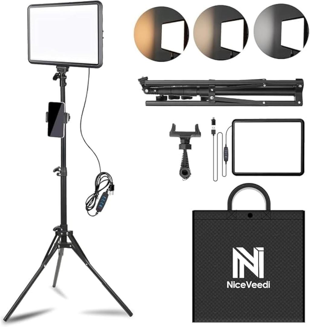1-Pack LED Video Light Kit, NiceVeedi Photography Lighting Kit, 2800-6500K Dimmable Studio Light with Tripod Stand & Phone Holder, 73" Stream Light for Video Recording, Game Streaming, YouTube (15W-1 Packs(USB-C Adapters))