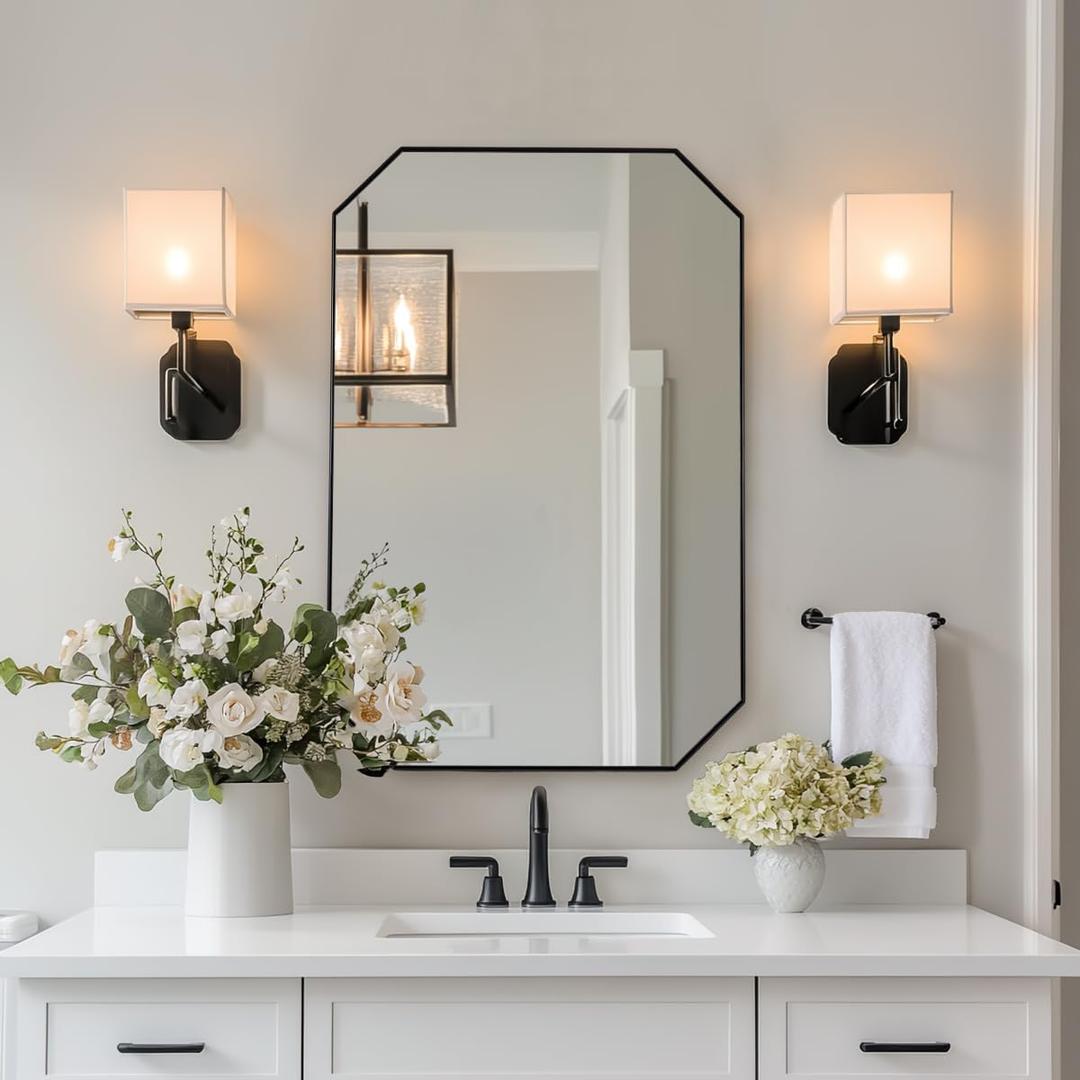 ANDY STAR Black Octagon Bathroom Mirror, 24x36 Inch Stainless Steel Metal Frame, Anti-Rust, Shatterproof HD Glass, Wall Mounted for Bathroom, Bedroom, Living Room