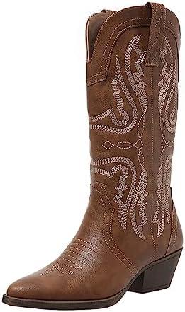 Cowboy Boots for Women Cowgirl Mid Calf Western Boots Embroidered Stitched Pointed Toe Chunky Block Heel Brown Red Black US5-11 (Brown, 7)