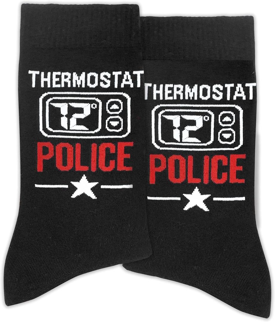 Funny Thermostat Police Novelty Socks for Mom, Dad, Men, Women, Gifts for Family, Friends, Favors for Birthday, Christmas, Fathers Day, Any Occasion, etc. (039)