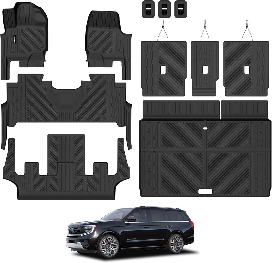 Floor Mats & Trunk Liner & Backrest Mat for 2025 Ford Expedition MAX 7-SeatsAll-Weather, Stain-Resistant Car Floor Liners, Accessory Custom Fit for Expedition 2025 7-Seat (Only for MAX), Black