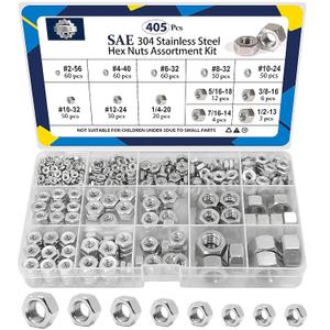 ZQZ 405 Pcs SAE Hex Nuts Assortment Kit, #2-56#4-40#6-32#8-32#10-24#10-32#12-24 1/4"-20 5/16"-18 3/8"-16 7/16"-14 1/2"-13, 304 Stainless Steel Hex Nuts Set