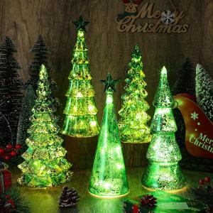 Soaoo 5 Pcs Mercury Glass Christmas Tree with LED Lights 10 Inch Large Figurine Lighted Christmas Tree Decoration Light up Tabletop Glass Decor for Home Table Centerpiece(Green)