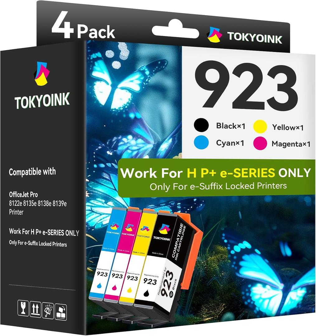 TOKYOINK 923 High Yield Ink Cartridges Replacement for HP 923 923e Ink, ONLY Compatible with H P+ e-Series Printers (8122e 8135e 8138e 8139e) Not for Non-e Standard Printers 4 Pack Old Tool