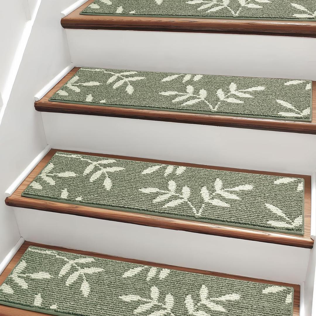 Carpet Stair Treads, Non-Slip Stair Treads for Wooden Steps Indoor, 30x8 Stair Runner for Pets Non Skid Wood Staircase Step Treads Reusable, Set of 15, Green