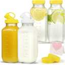 16 oz Glass Milk Bottles with Pour Dispenser, Reusable Juice Bottles with Airtight Lid for Fridge, Glass Pitchers with Scale, Gift for a New Mother