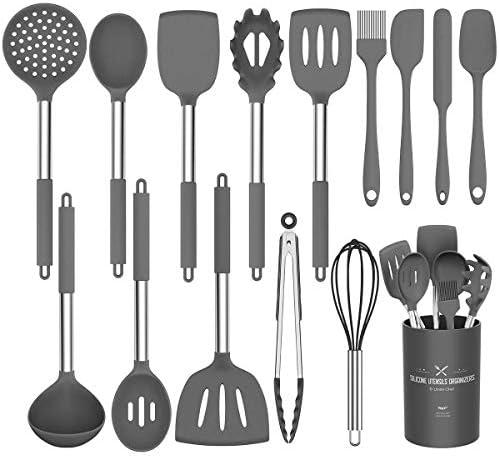 Silicone Cooking Utensil Set,Umite Chef Kitchen Utensils 10 pcs Set Non-stick Heat Resistan BPA-Free Stainless Steel Handle Tools Whisk - Grey