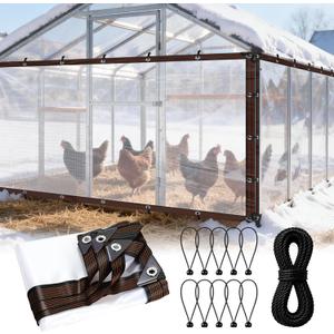 6.6x13FT Chicken Coop Cover for Winter, Waterproof Clear Chicken Run Cover Tarp Winter Wrap with Rope&10 Elastic Cords, Chicken Coop Insulation for Outdoor Patio Porchi Poultry Winter Supplies